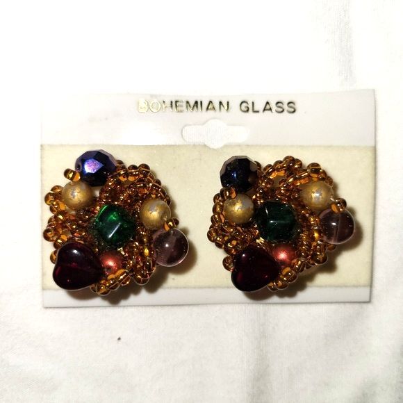 None Jewelry - Bohemian Art Glass Clip On Earrings Multicolor